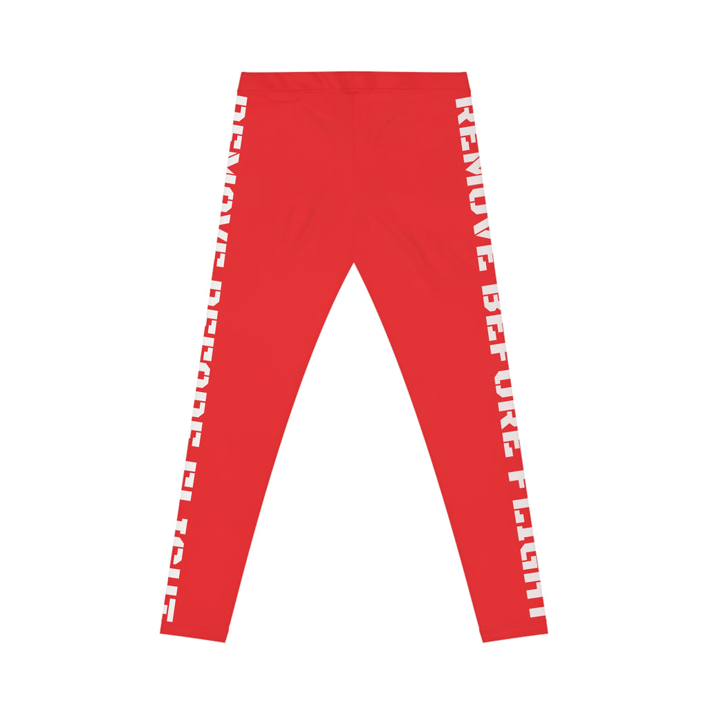 Red Side-Stripe Leggings with Vertical White Text — Women's Casual AOP Activewear