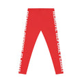 Red Side-Stripe Leggings with Vertical White Text — Women's Casual AOP Activewear