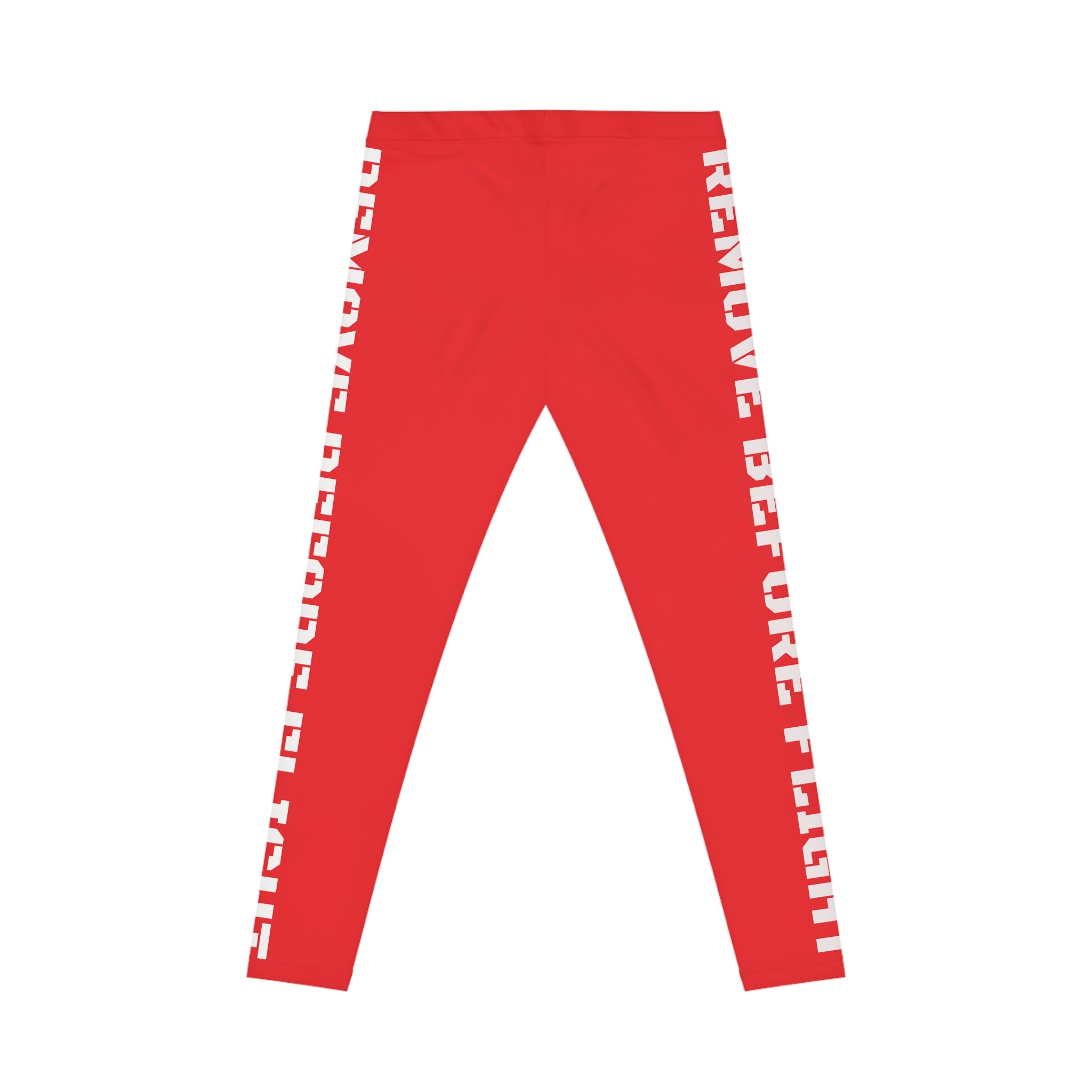 Red Side-Stripe Leggings with Vertical White Text — Women's Casual AOP Activewear
