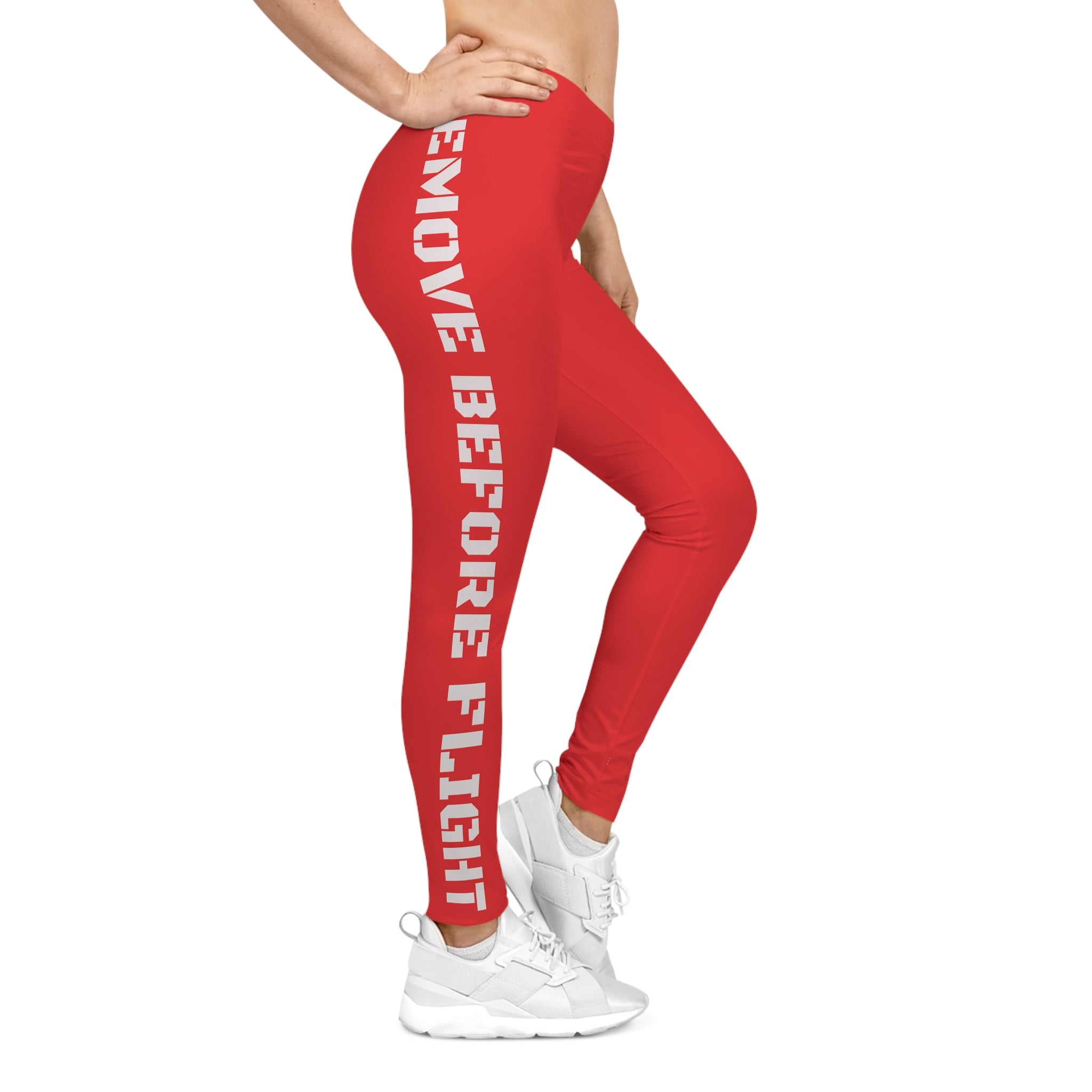 Red Side-Stripe Leggings with Vertical White Text — Women's Casual AOP Activewear