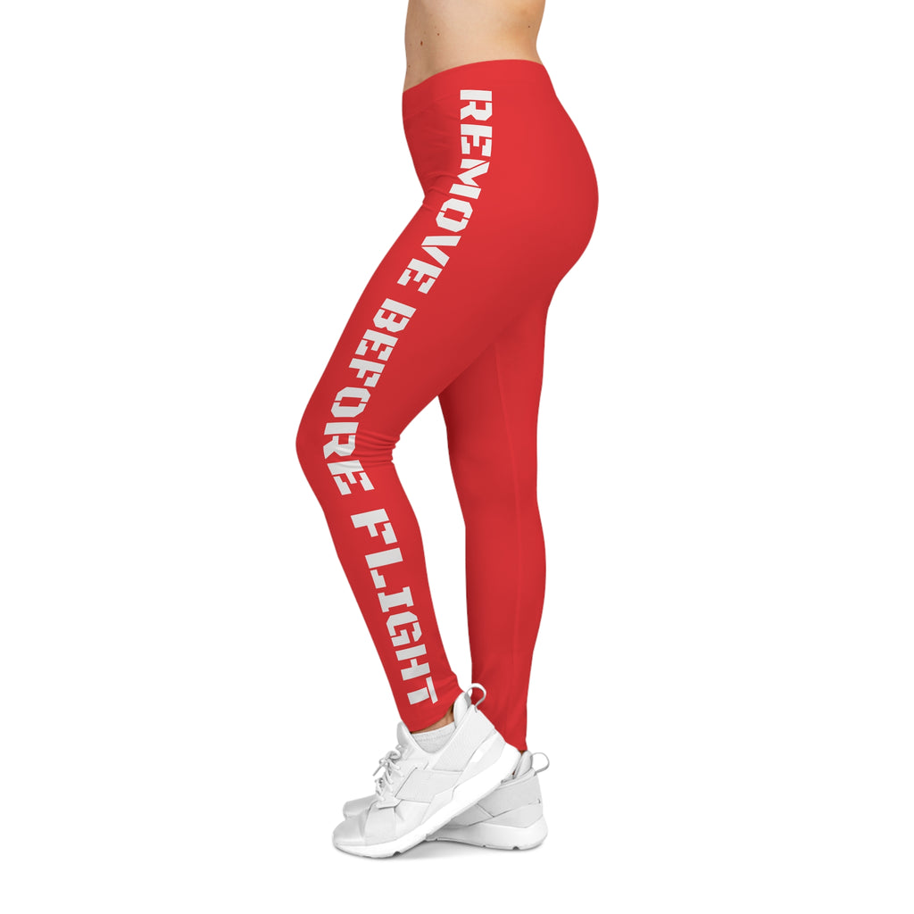 Red Side-Stripe Leggings with Vertical White Text — Women's Casual AOP Activewear