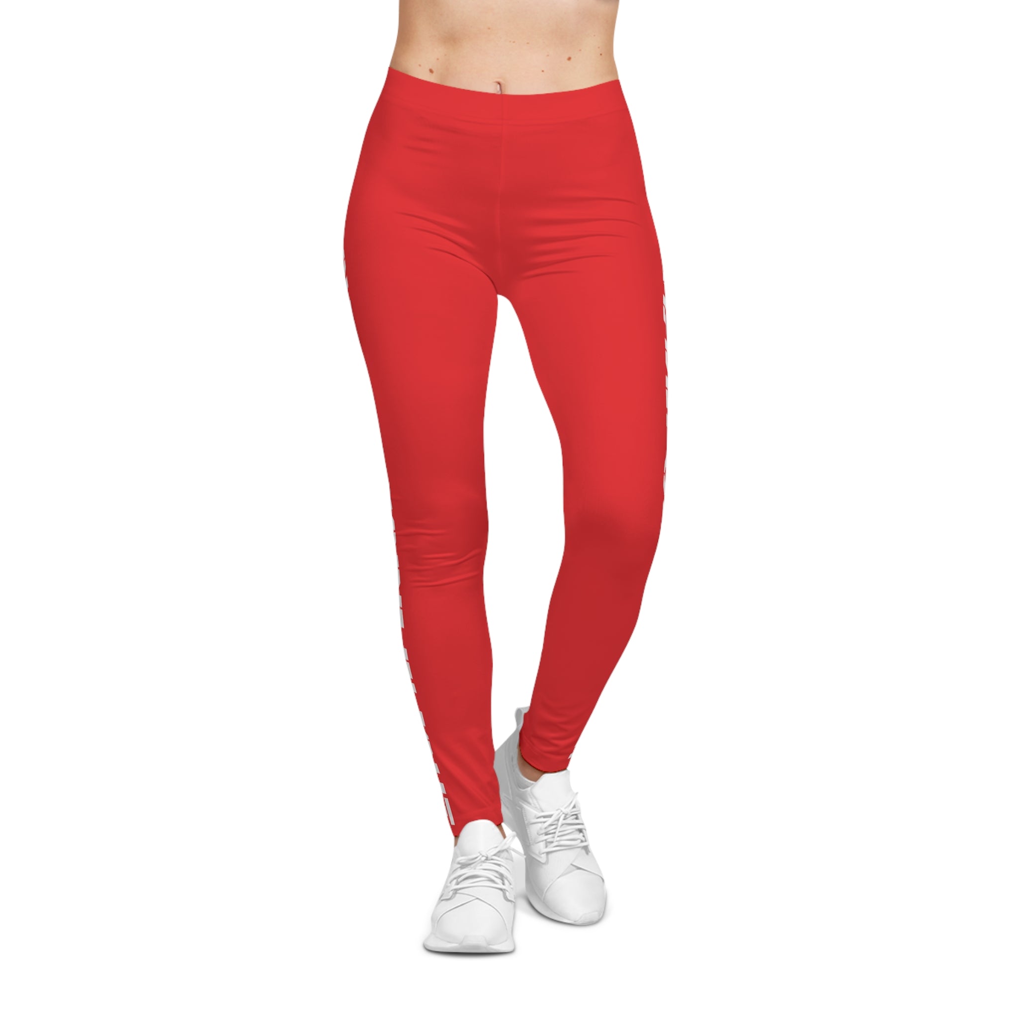 Red Side-Stripe Leggings with Vertical White Text — Women's Casual AOP Activewear