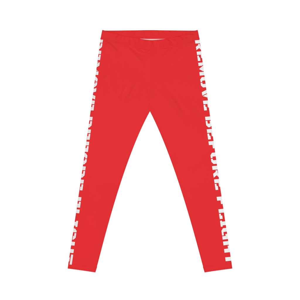 Red Side-Stripe Leggings with Vertical White Text — Women's Casual AOP Activewear