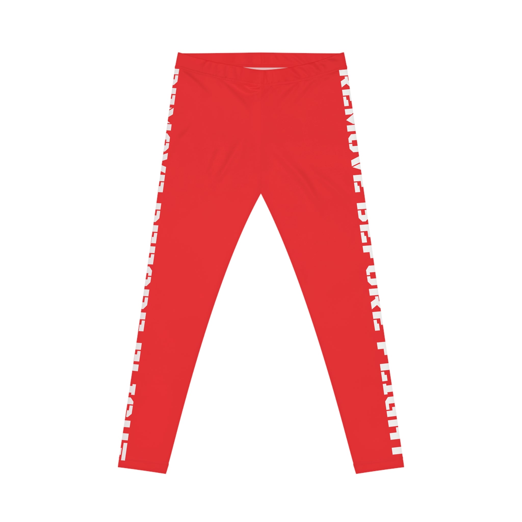 Red Side-Stripe Leggings with Vertical White Text — Women's Casual AOP Activewear