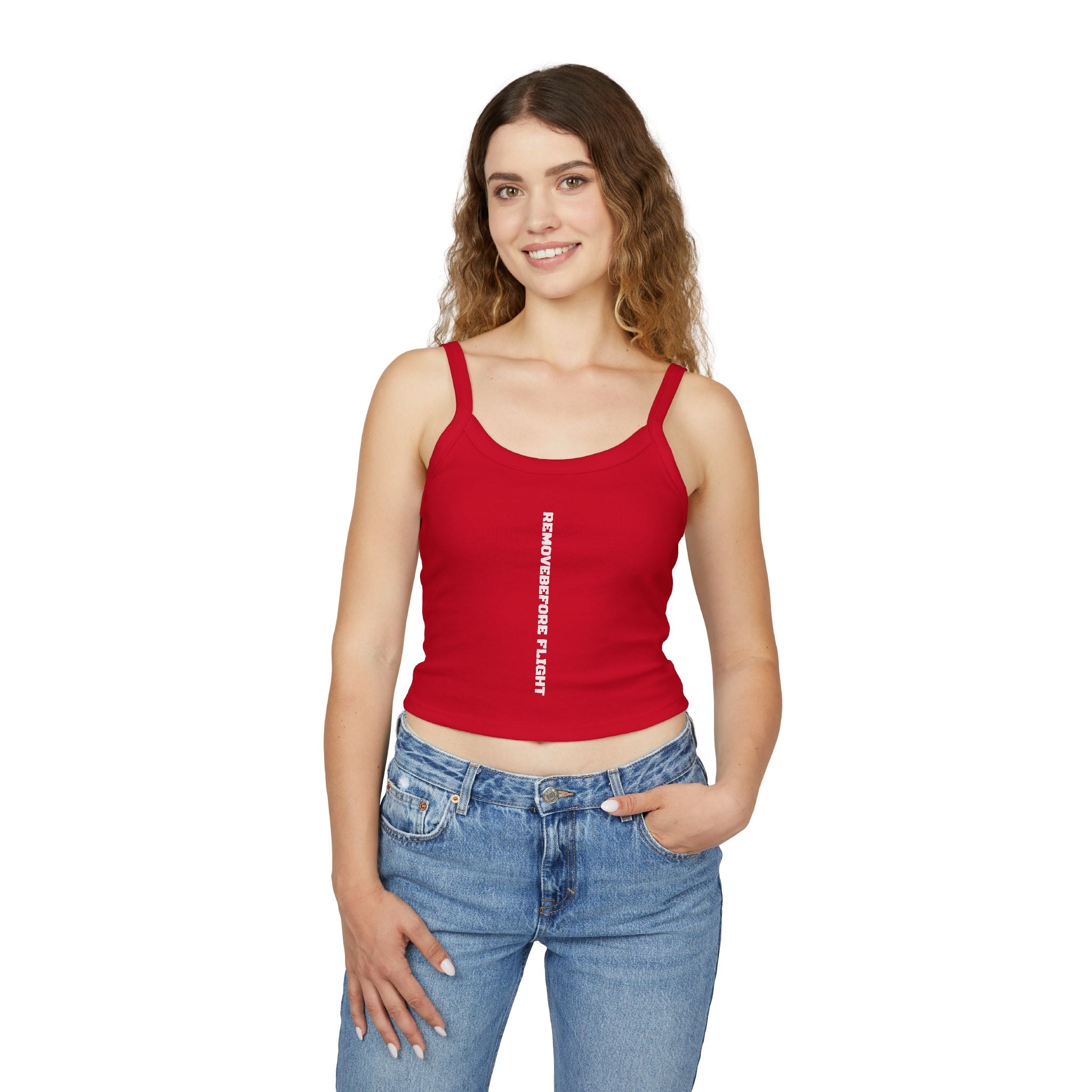 Vertical Text Crop Tank Top — Bold Center Graphic Spaghetti Strap Tank