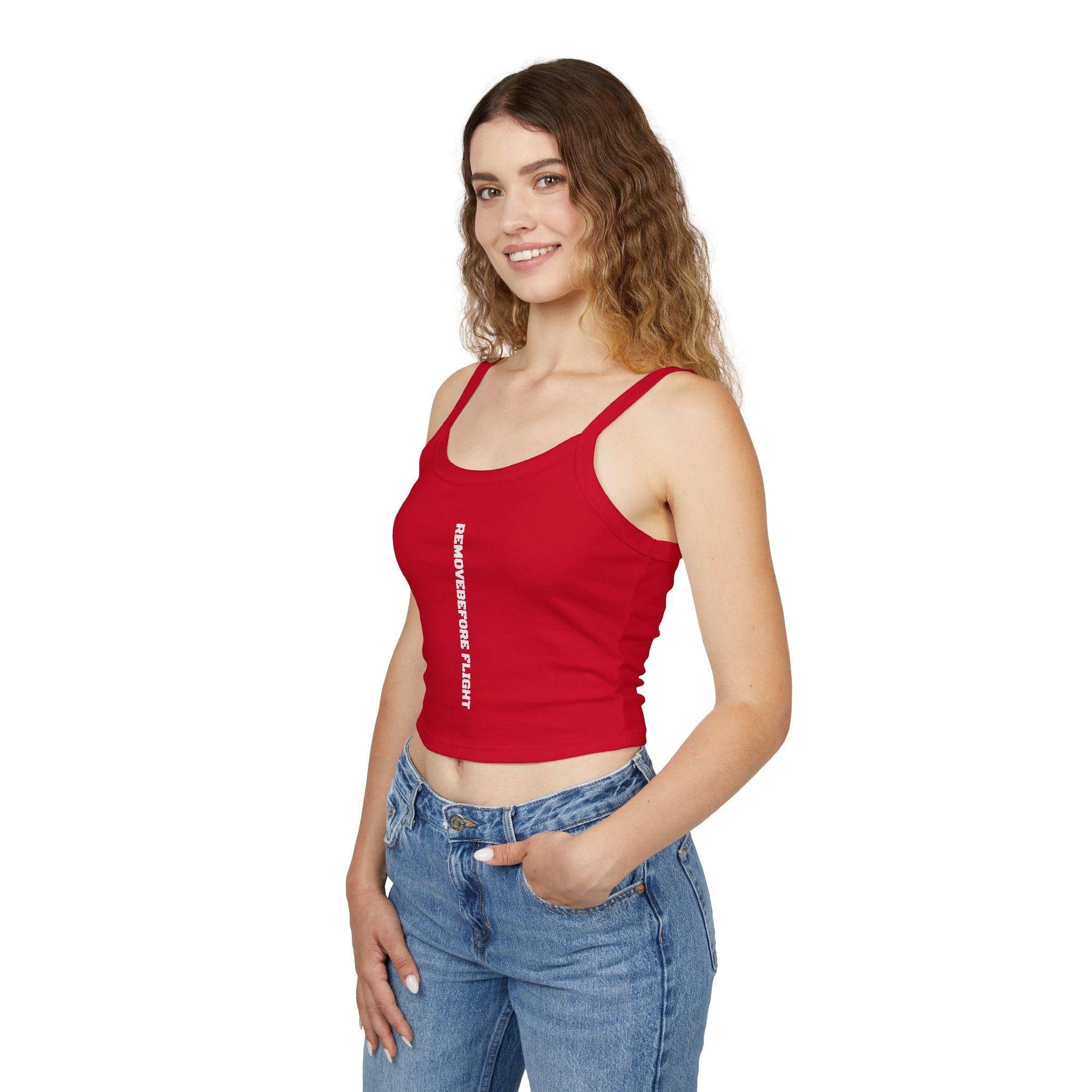 Vertical Text Crop Tank Top — Bold Center Graphic Spaghetti Strap Tank
