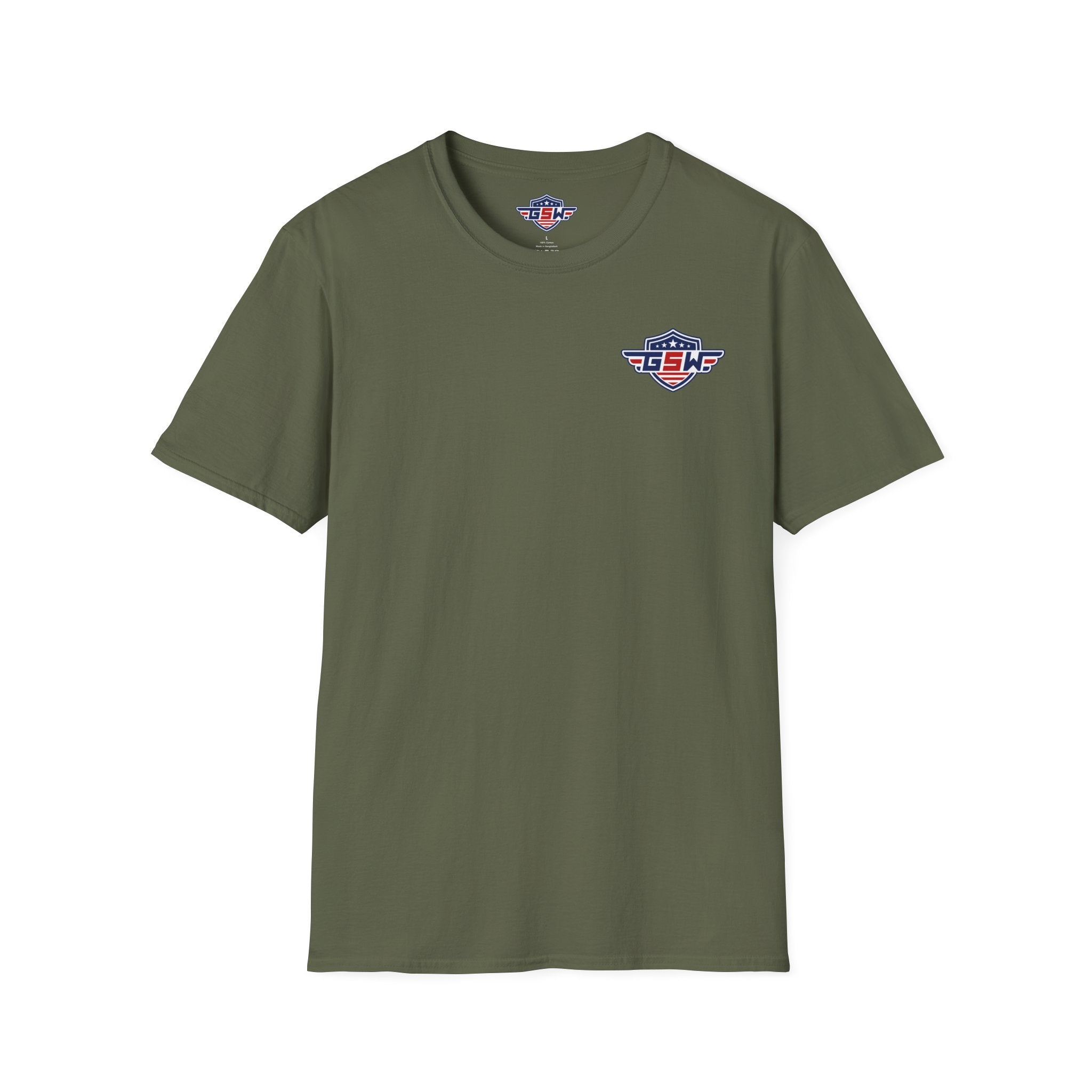 Patriotic GSW Shield Tee — Small Chest Logo American Flag T-Shirt